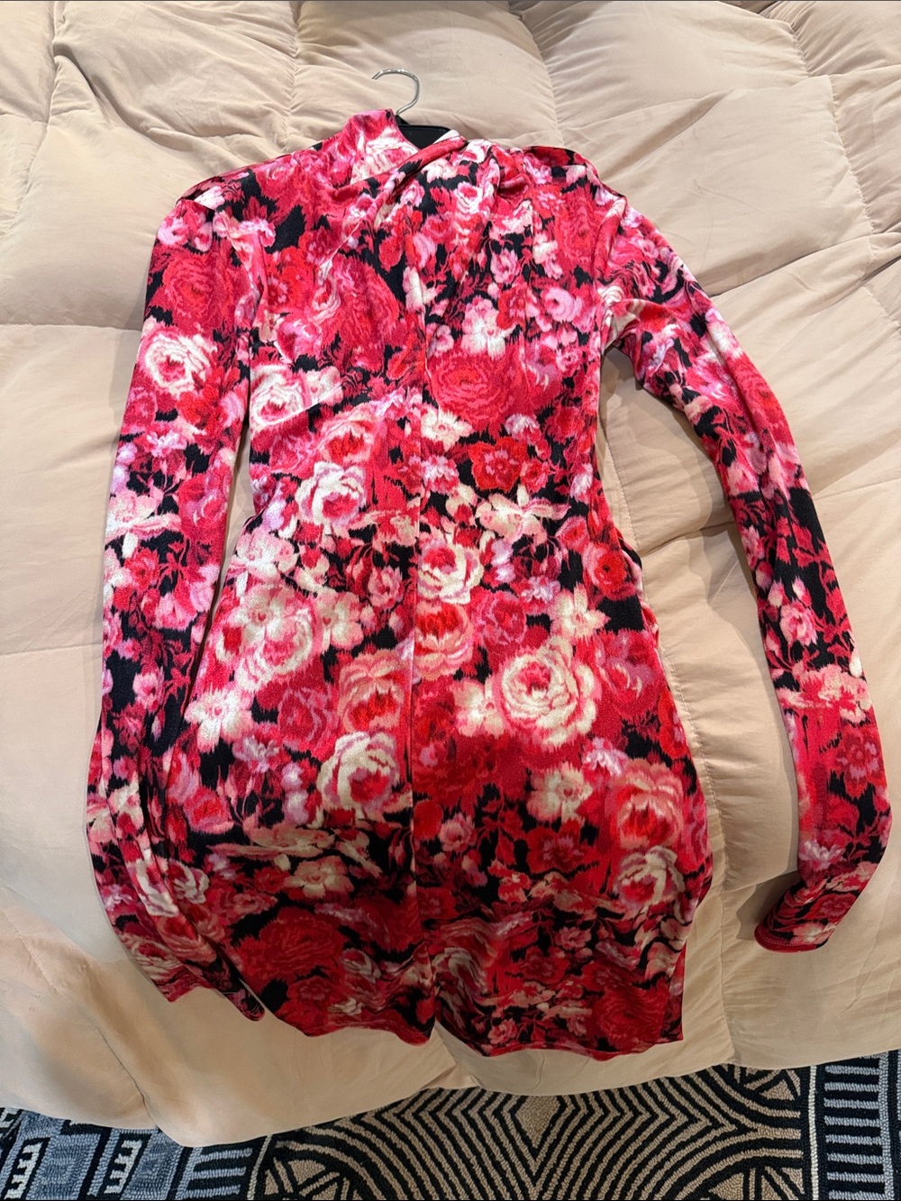 Floral Long-Sleeve Bodycon Dress in Pink and Red